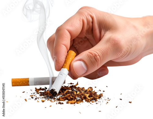  Hand crushing cigarette with smoke fading out on white background
