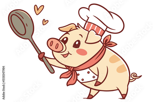 Vector cute Pig cartoon character, chef's hat, holding a spoon, cheerful expression, culinary theme, warm colors, detailed accessories, isolated on white background