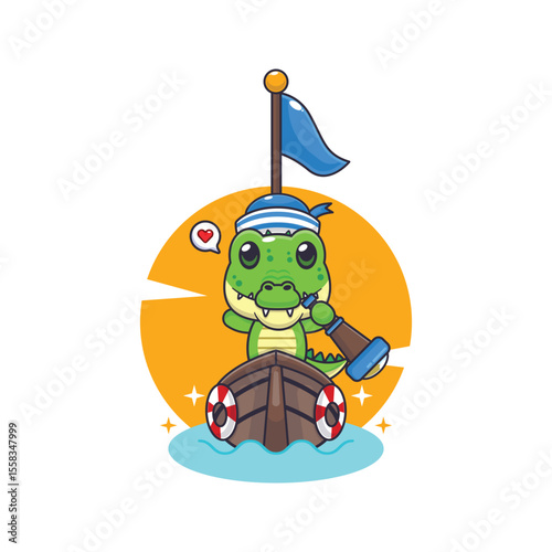 Cute crocodile mascot cartoon character illustration on the boat