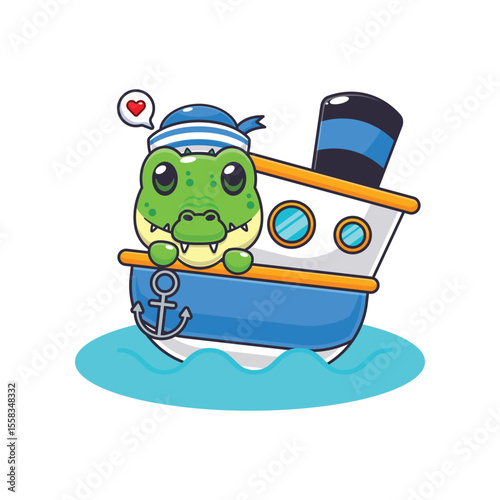 Cute crocodile mascot cartoon character illustration on the ship