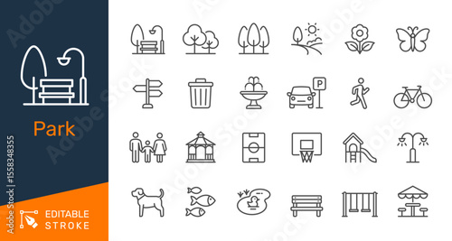 Park thin line icon collection for outdoor, nature and recreation concept. Editable stroke. Pixel perfect.