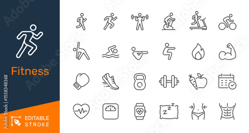Fitness thin line icon collection for workout, exercise and healthy lifestyle concept. Editable stroke. Pixel perfect.
