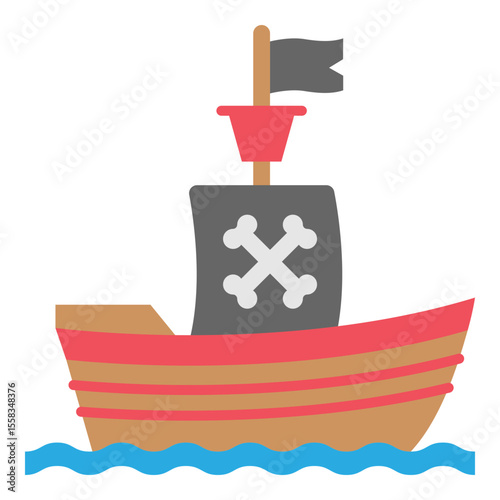 Cartoon Pirate Ship with Skull and Crossbones Sail on Blue Waves