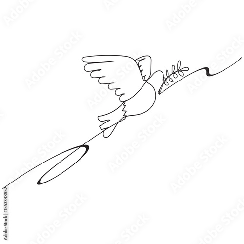 One continuous line drawing of dove with olive branch. Bird symbol of peace and freedom in simple linear style. Concept for national labor movement icon. Editable stroke. Doodle vector illustration