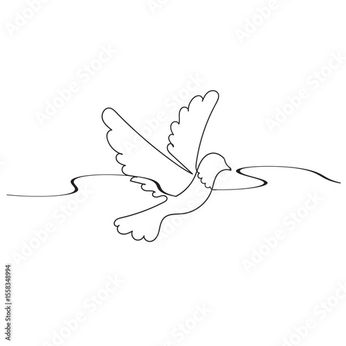 One continuous line drawing of dove with olive branch. Bird symbol of peace and freedom in simple linear style. Concept for national labor movement icon. Editable stroke. Doodle vector illustration
