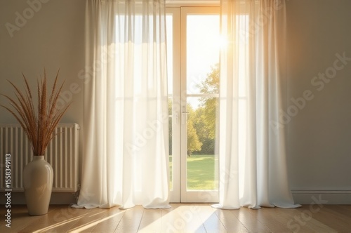 A comfortable room with a window, radiator, and decorative vase