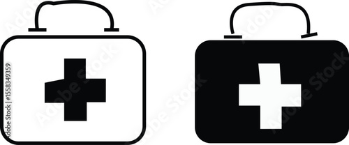 Two first aid kit icons one white and one black on a white background