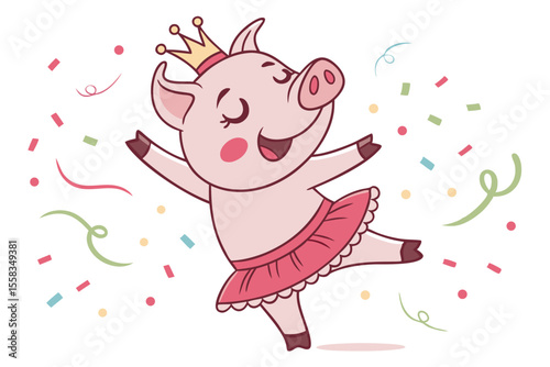 Vector cute Pig cartoon character, dancing pose, joyful expression, wearing a tiny crown, festive colors, confetti elements, isolated on white background