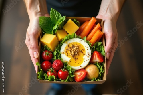 A person holding a box of fresh fruit and vegetables