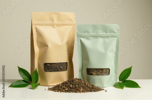 Two bags of food sit together on the ground, potentially for sharing or storage