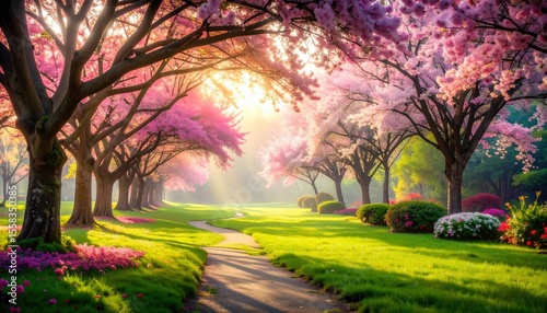 Spring blooming cherry blossom trees serene park landscape nature photography vibrant green environment sunlit pathway tranquil mood