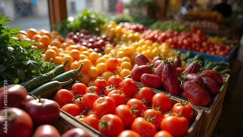 Banco fi verdure e frutta in un mercato mediterraneo