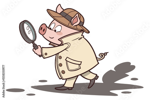 Vector cute Pig cartoon character, detective pose, magnifying glass in hand, curious expression, trench coat, mysterious shadows hint, noir style, isolated on white background
