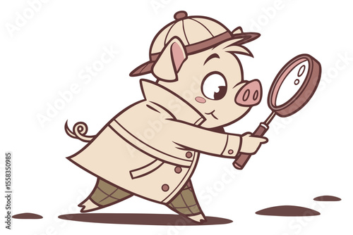 Vector cute Pig cartoon character, detective pose, magnifying glass in hand, curious expression, trench coat, mysterious shadows hint, noir style, isolated on white background