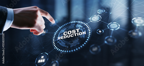 Cost reduction business finance concept. Businessman clicks virtual screen