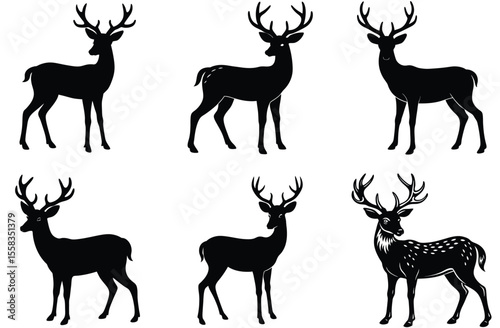 Black deer silhouettes with antlers and spots stag white background