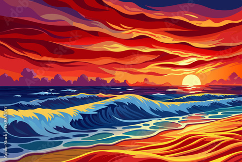 ocean waves rolling onto a sandy beach under a golden sunrise, sea landscape