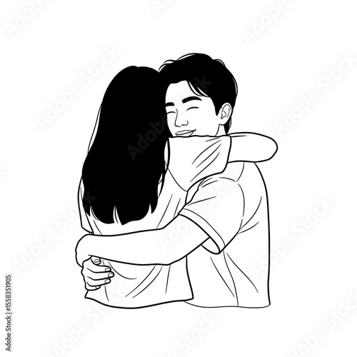 A loving couple embracing in a tender hug, a simple black and white line art illustration conveying intimacy and affection. Vector Illustration