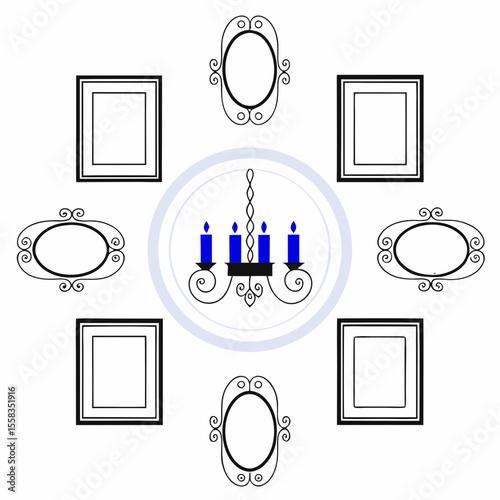 Artistic illustration featuring various empty picture frames and an ornate chandelier style design with a light colored ring that can be used for creative art