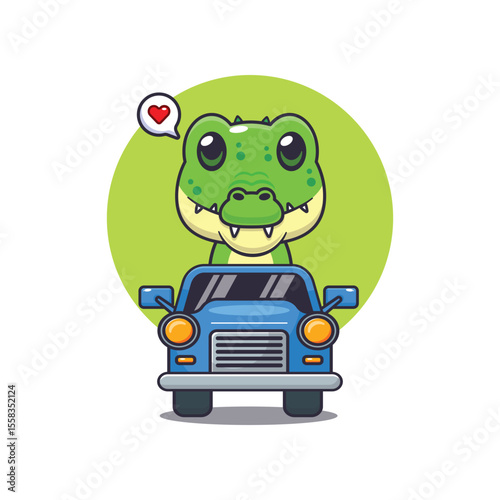 Cute crocodile mascot cartoon character illustration ride on car