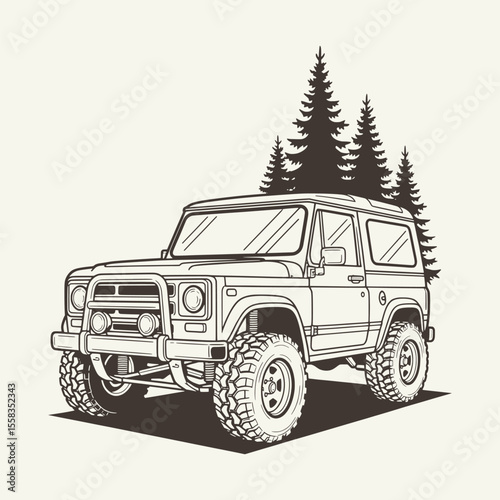 Rugged off-road SUV with pine trees in the background, symbolizing adventure, wilderness exploration, and outdoor lifestyle. Vector Illustration