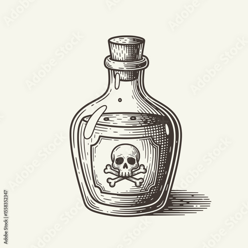 Vintage poison bottle with a skull and crossbones label, representing danger, toxic substances, and old-world apothecary aesthetics. Vector Illustration