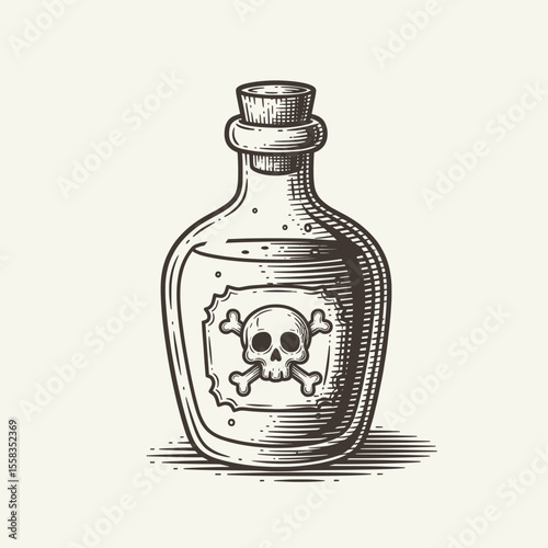Antique poison bottle with a skull and crossbones label, evoking themes of danger, mystery, and vintage medical or alchemical practices. Vector Illustration