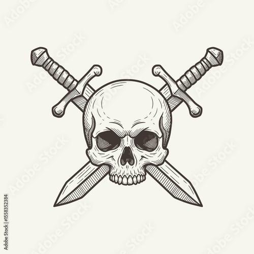 Skull with crossed swords, a classic emblem of piracy, rebellion, and danger, often associated with adventure, outlaws, and daring exploits. Vector Illustration