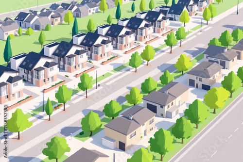 Aerial view of a suburban neighborhood with rows of houses and trees.