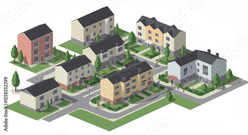 Isometric illustration of a small residential neighborhood with various houses, trees, and roads.