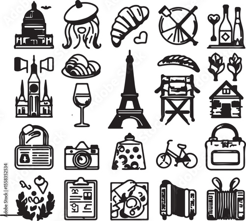 Landmark and travel icon set vector illustration in black silhouette style