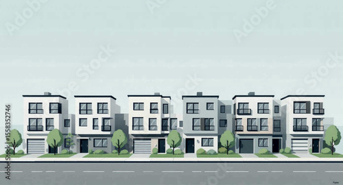 Illustration of a row of modern houses with minimalist design, set on a street.
