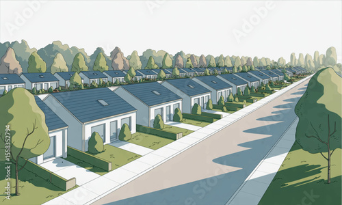 Illustration of a suburban street with identical houses, trees lining the road, and a clear sky.