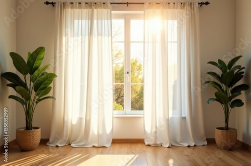A cozy room with a potted plant and natural light from the window