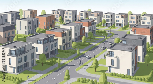 Aerial view of a modern residential neighborhood with various architectural styles and green spaces.
