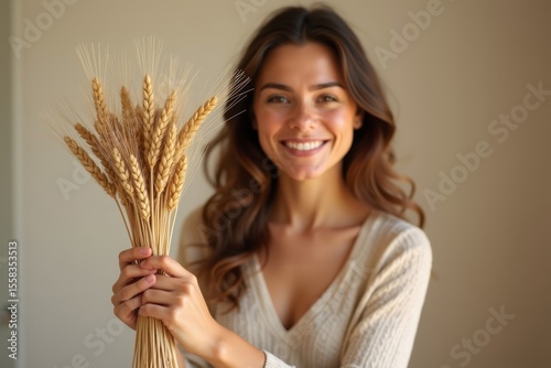 Woman proudly displays a sheaf of wheat, symbolizing her triumph over celiac disease and gluten intolerance.