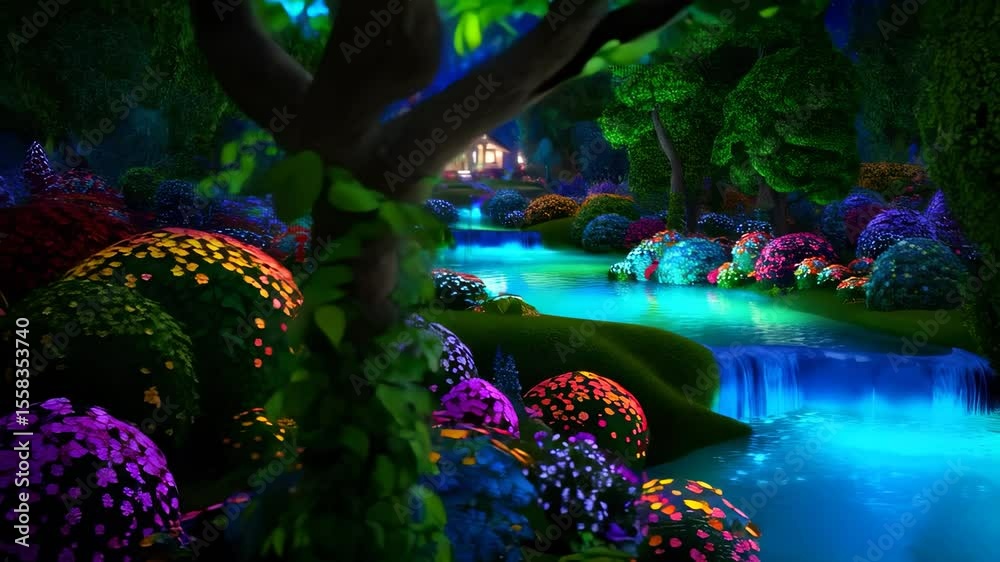 Night view of glowing river garden. Colorful bushes sparkle in dream light. Magical house in background of fairy scene. Enchanted river and illuminated plants. Fantasy house shines beyond waterfall.