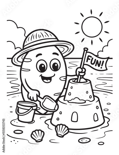 Cartoon character building sandcastle on beach coloring page