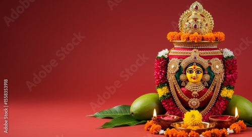 Kalash pot decorated with Lakshmi's face, coconut and mango leaves, gold jewellery, flower garlands on a red to gold gradient background