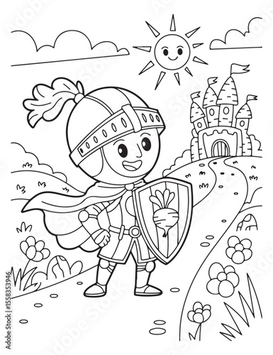 Cartoon knight coloring page with castle and smiling sun