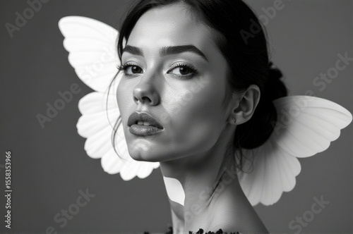 A black and white photograph of a woman wearing a headdress with feathery wings, evoking mythological or mystical themes