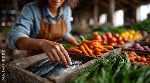 woman inspects fresh fish while surrounded by colorful vegetables at a bustling market. lively ambiance showcases local farming and community engagement in food sourcing
