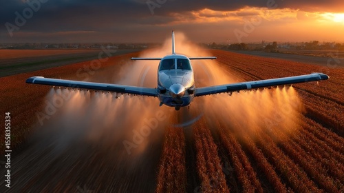 crop duster aircraft releases pesticide while flying low over vast fields during sunset, creating a misty effect against the colorful sky and agricultural terrain