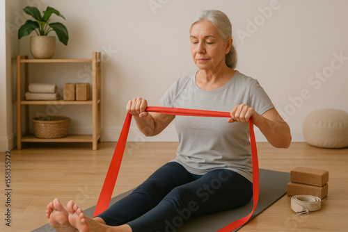elderly woman practicing seated yoga with resistance band, focusing on fitness and relaxation. comfortable home setting with plants and exercise equipment, promoting healthy lifestyle.