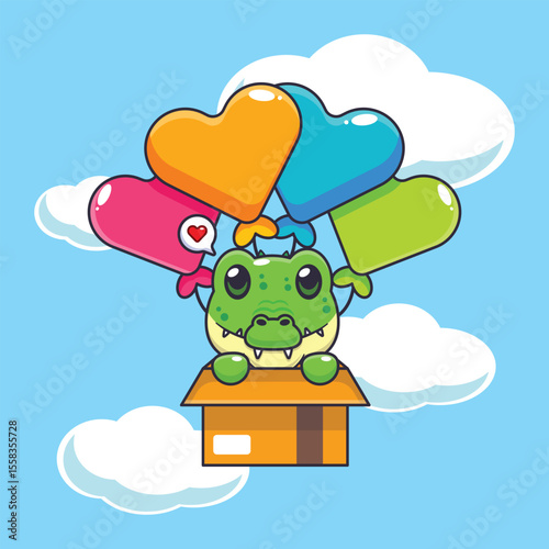 Cute crocodile mascot cartoon character illustration fly with balloons