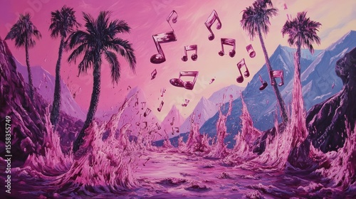 Pink, surreal landscape with palm trees and music notes