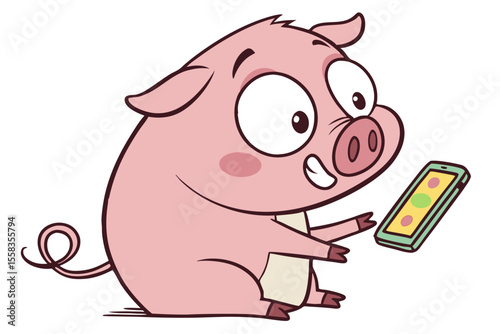 Vector cute Pig cartoon character, holding smartphone isolated on white background