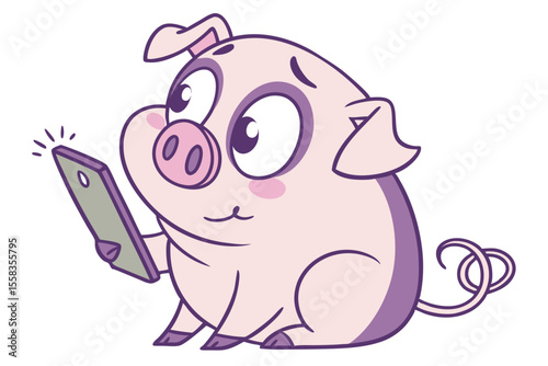 Vector cute Pig cartoon character, holding smartphone isolated on white background