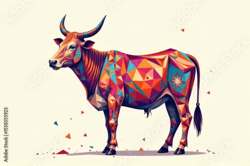 A colorful cow standing on a white surface