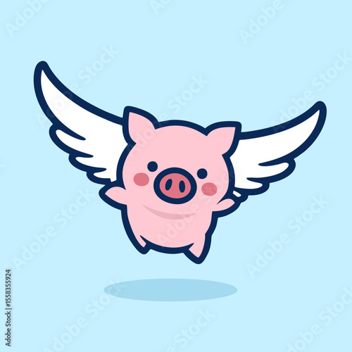 flying winged pig icon logo illustration. cute piglet with wings Illustration cartoon doodle mascot character. 
